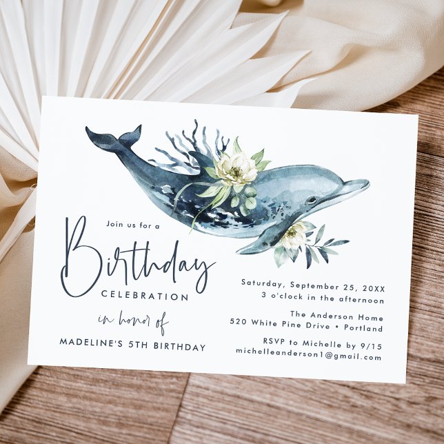 Watercolor Dolphin & White Floral Birthday Party Invitation (Creator Uploaded)