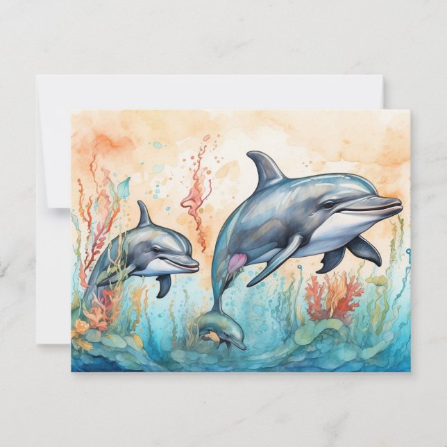 Watercolor dolphins art print card (Front)