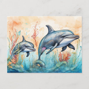 Watercolor dolphins art print postcard