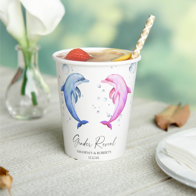 Watercolor Dolphins Gender Reveal Paper Cups (Insitu)