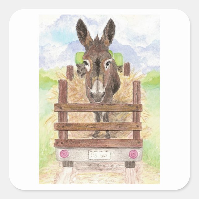 Watercolor Donkey Burro Cute Farm Animal Art Square Sticker (Front)