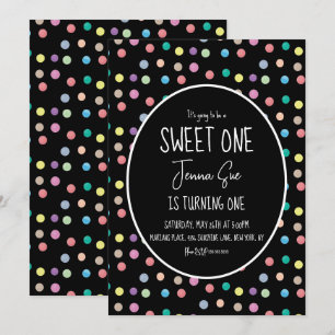Watercolor Dots First Birthday Party Black  Invitation