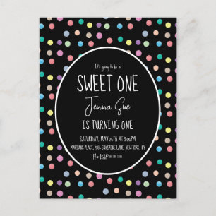 Watercolor Dots First Birthday Party Black Postcard