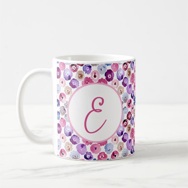 Watercolor dots flowers pattern monogram coffee mug (Left)