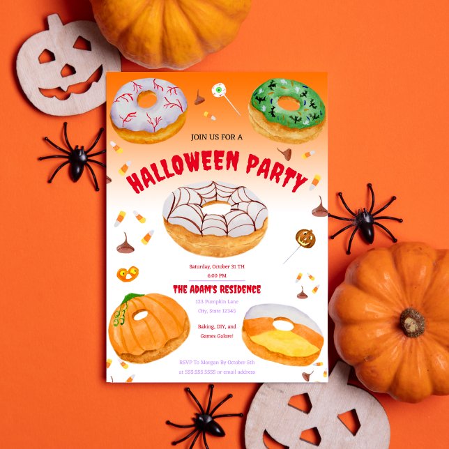 Watercolor Doughnut-licious Halloween Candy Party  Invitation (Spook up your Halloween party with our cute and customizable watercolor donuts invitation!)