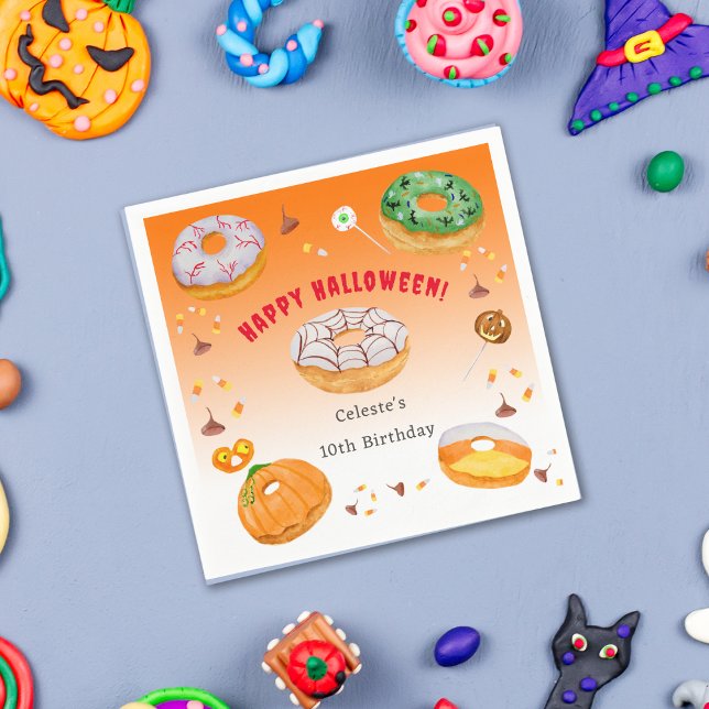 Watercolor Doughnut-licious Halloween Candy Thank  Napkin (A fun watercolor Halloween napkin that you can personalize easily.)