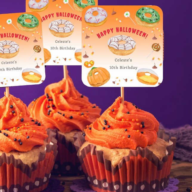 Watercolor Doughnut-licious Halloween Candy Thank  Square Sticker (A great sticker to add to your Halloween Cupcakes, favor bags, candy bags.)