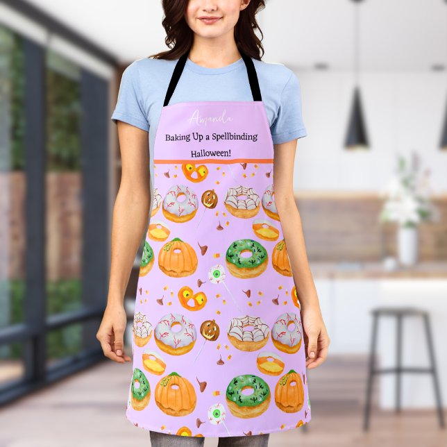 Watercolor Doughnut-licious Happy Halloween Candy Apron (Get Spooky in the Kitchen with Watercolor Donuts!)