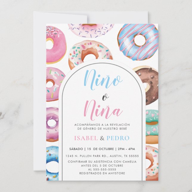 Watercolor Doughnut Nino o Nina Spanish Gender Rev Invitation (Front)
