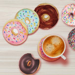 Watercolor Doughnut Sprinkles Pink Blue Chocolate  Coaster Set<br><div class="desc">Protect your table tops with this cute,  modern set of coasters in a trendy doughnut design created using my fun hand painted watercolor doughnuts in traditional bakery favourites of  "frosted"  chocolate brown,  light pink,  pale lavender purple,  and light aqua blue with multicolor sprinkles.</div>