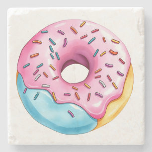 Watercolor Doughnut with Icing and Sprinkles on Wh Stone Coaster