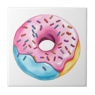 Watercolor Doughnut with Icing and Sprinkles on Wh Tile