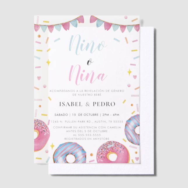 Watercolor Doughnuts & Confetti Spanish Gender Rev Vellum Invitations (Offset)