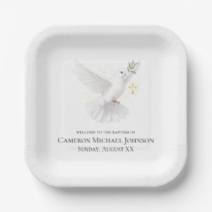 Watercolor Dove and Gold Cross Elegant Baptism Paper Plate