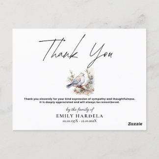 Watercolor Dove Funeral Symphaty Thank You Card