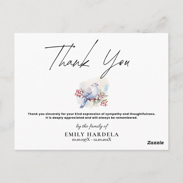 Watercolor Dove Simple Script Funeral Thanks Card (Back)
