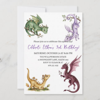 Watercolor dragon birthday invitation