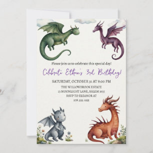 Watercolor dragon birthday invitation