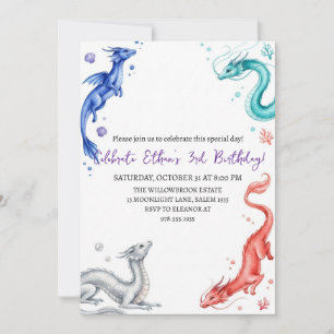 Watercolor dragon birthday invitation