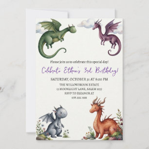 Watercolor dragon birthday invitation