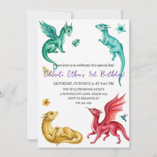 Watercolor dragon birthday invitation