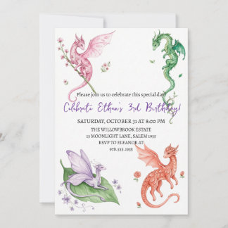 Watercolor dragon birthday invitation