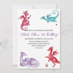 Watercolor dragon birthday invitation