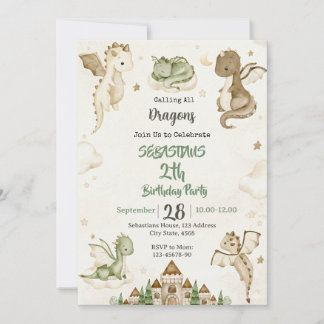 Watercolor Dragon Birthday Party Invitation