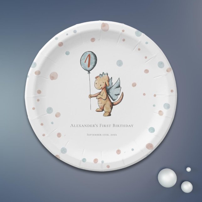 Watercolor Dragon First Birthday Party Paper Plate (Creator Uploaded)