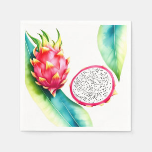 Watercolor Dragon Fruit in Bold Colours on White Napkin