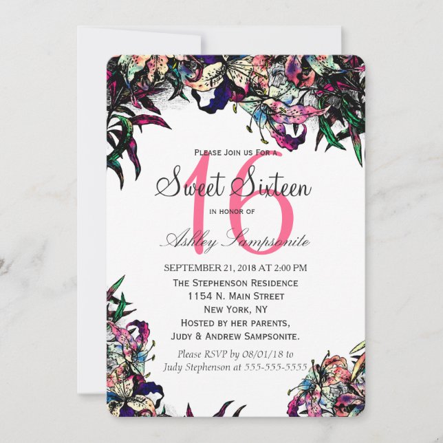 Watercolor Dragon Lilies Sweet 16 Invitations (Front)