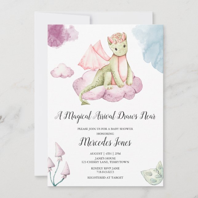 Watercolor Dragon Magical Arrival Baby Shower Invitation (Front)