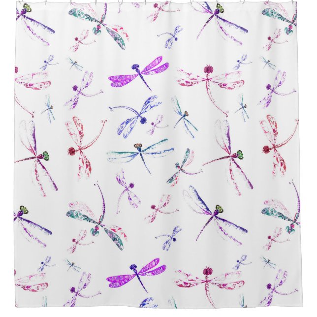 Watercolor Dragonflies Pink Lavender Blue White Shower Curtain (Front)
