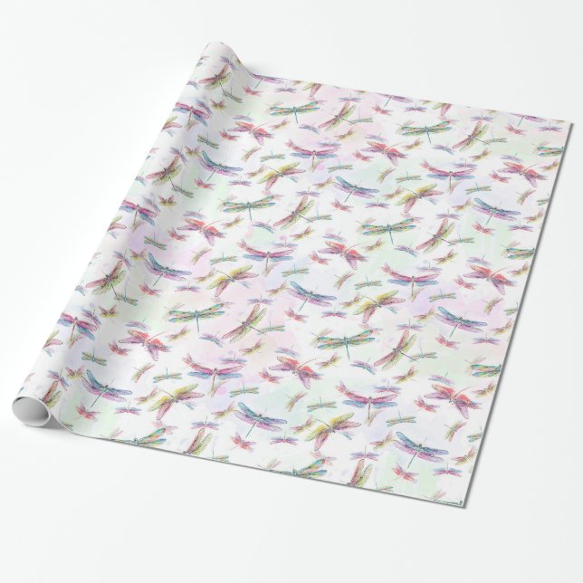 Watercolor Dragonflies Pink Lavender Yellow White Wrapping Paper (Unrolled)