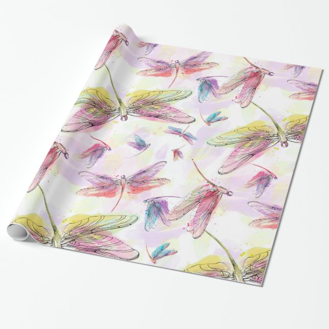 Watercolor Dragonflies Pink Lavender Yellow White Wrapping Paper (Unrolled)