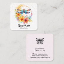 Watercolor dragonfly and flowers