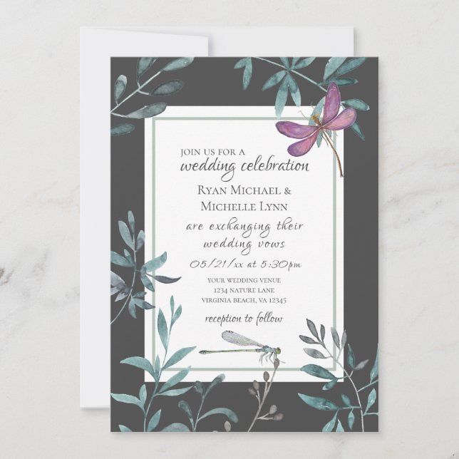 Watercolor Dragonfly and Garden Greenery Wedding Invitation (Front)