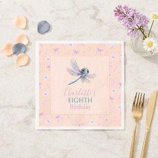 Watercolor Dragonfly Bows Peach Girl Birthday Napkin