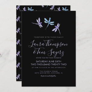 Watercolor Dragonfly Elegant Script Wedding Black Invitation