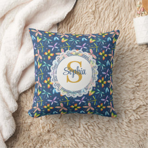 Watercolor Dragonfly Floral & Monogram Navy Blue Cushion