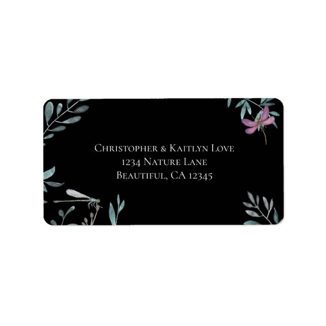 Watercolor Dragonfly Garden Greenery Black Address Label (Front)