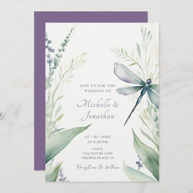Watercolor Dragonfly | Greenery All in One Wedding Invitation (Front/Back)