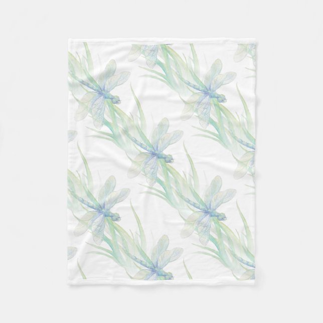 Watercolor Dragonfly in Soft Blues & Green art Fleece Blanket (Front)