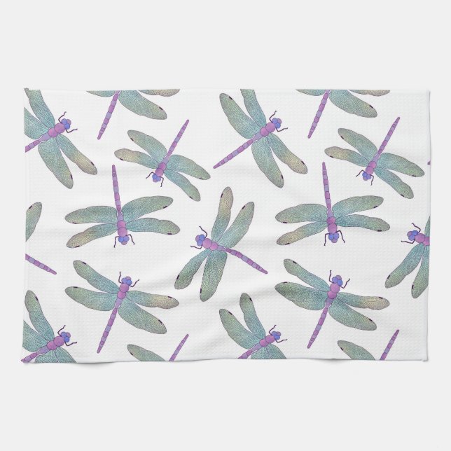 Watercolor Dragonfly Pattern Tea Towel (Horizontal)