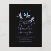 Watercolor Dragonfly Purple Black Birthday Party