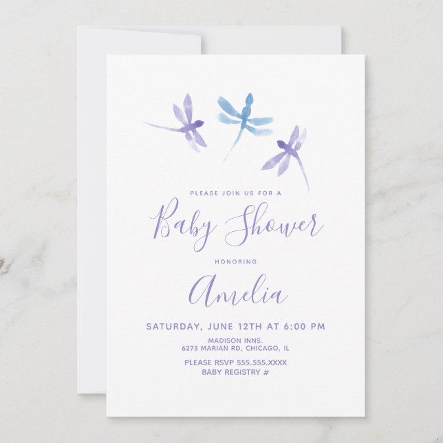 Watercolor Dragonfly  Purple Blue Baby Shower  (Front)