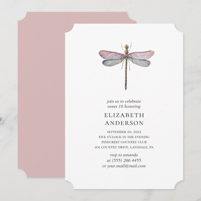 Watercolor dragonfly Sweet 16. Lilac 16th birthday Invitation (Front/Back)