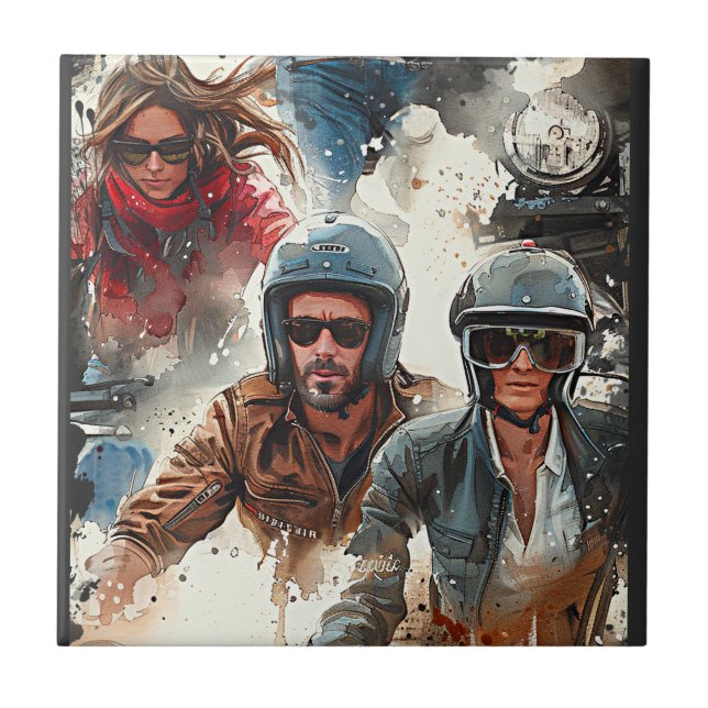 Watercolor drawing MotoBikers Tile (Front)