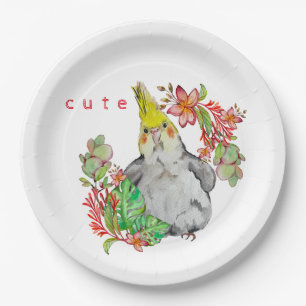 Watercolor drawing of a funny Corella parrot Baby Paper Plate