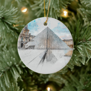 Watercolor drawing of the Louvre Paris, France Ceramic Tree Decoration